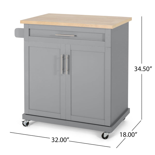 English Elm Christopher Knight Home® - Kitchen Island Cart Grey with Solid Rubberwood Top, Mobile Storage Cabinet, Drawer, Towel Rack, Wheels 67795.00NATGRY