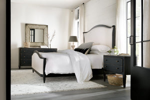 Hooker Furniture Ciao Romantic Upholstered Queen Bed With Tuscan White Fabric, Hand-Chiseled Black Frame & Nailhead Trim 93.00 L x 85.50W x 73.25H 5805-90866-99