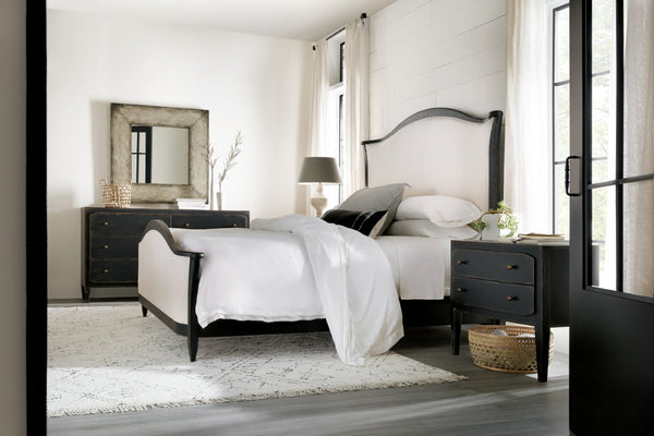 Hooker Furniture Ciao Romantic Upholstered Queen Bed With Tuscan White Fabric, Hand-Chiseled Black Frame & Nailhead Trim 93.00 L x 85.50W x 73.25H 5805-90866-99