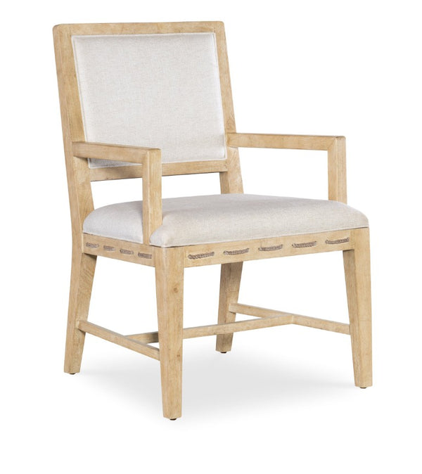 Hooker Furniture Retreat Raffia-Back Arm Chair With Wiley Snow Performance Fabric, Dune Finish, Coastal Modern Appeal 6950-75300-80