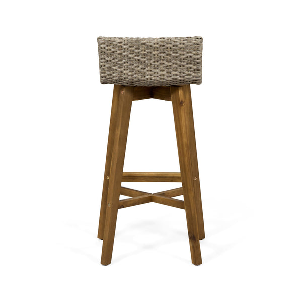 English Elm Christopher Knight Home® - LA La Brea Acacia Wood & Wicker Barstool Set of 2 — Outdoor Faux Rattan Seats with Iron X-Stretcher Frame Brown 65431.00LBRN
