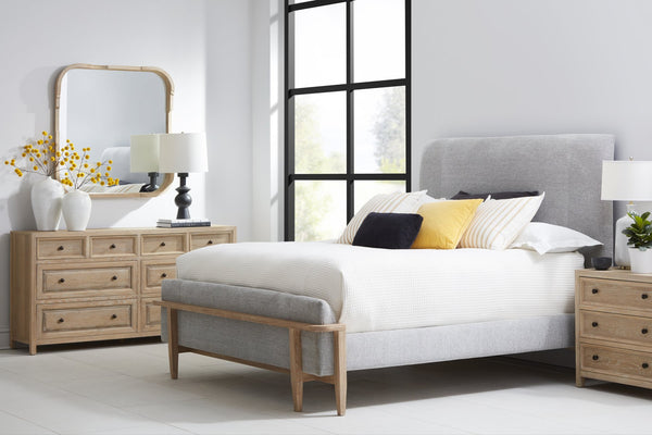A.R.T. Furniture Post Modern Farmhouse Bed In Cracked Almond Finish With Soft Chenille Fabric For Elegant Comfort Light Brown, Light Gray Ash & Pine Solid,Plank,Effect Flakey \Oak And Pine Veneer,Foam,Fabric 288135-2355