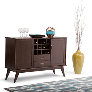 English Elm Draper Mid Century Sideboard Buffet with 12-Bottle Wine Rack, Solid Rubberwood, Medium Auburn Brown Finish, Tapered Legs and Brass Pulls B136P158156