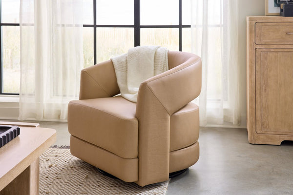 Hooker Furniture Keys Swivel Chair In Top-Grain Semi-Aniline Leather — Barrel Back Comfort With Smooth 360° Motion Beige CC117-080