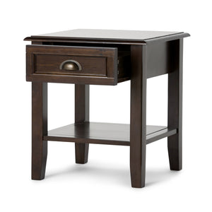 English Elm Burlington Handcrafted Mahogany Brown End Table with Drawer & Open Shelf, Distressed Faux Leather Top B136P159505