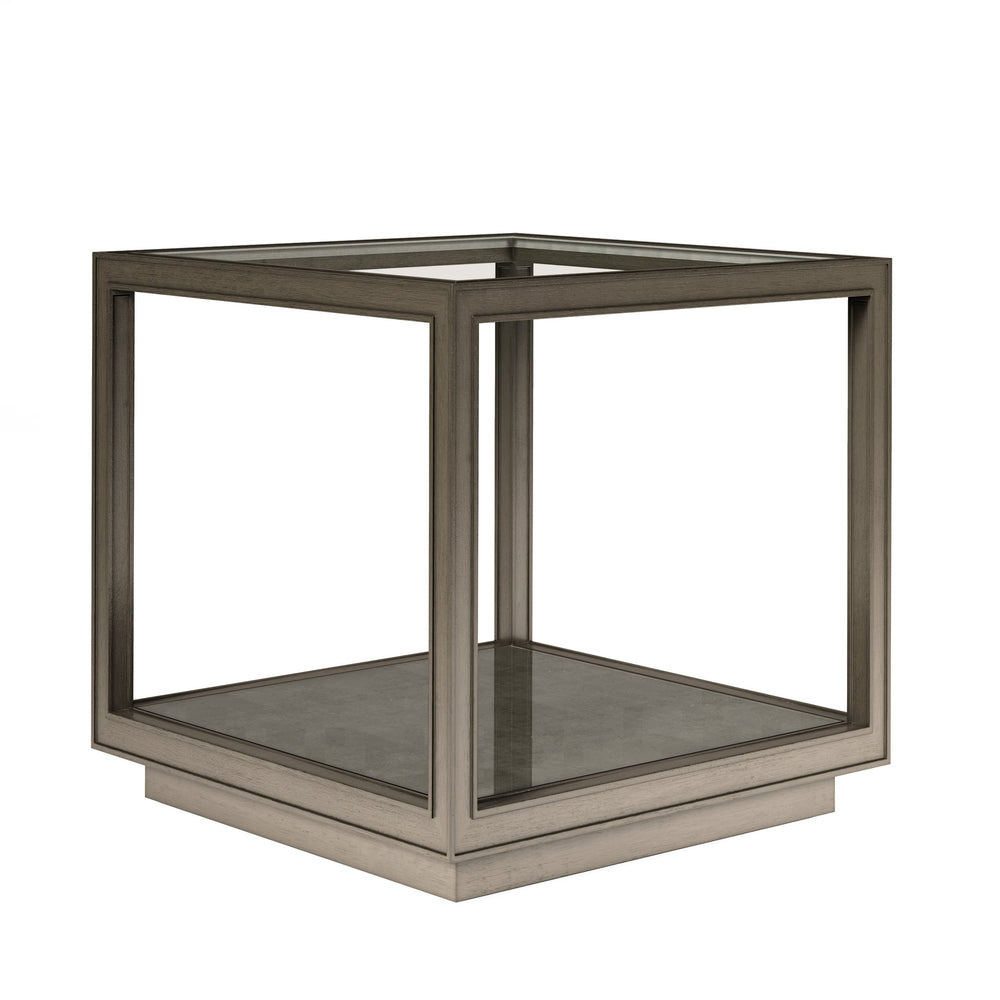 A.R.T. Furniture Cove Glam Transitional Square End Table With Tempered Glass Top And Unique Cork Shelf Display Grey Rubberwood Solids,Primavera Veneer,Glass,Cork 349303-2743