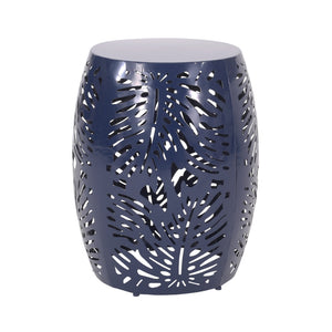 English Elm Metal Cylindrical Accent Table Powder Coated Iron with Tropical Palm Leaf Lattice Design Navy Blue 73613.00NBLU