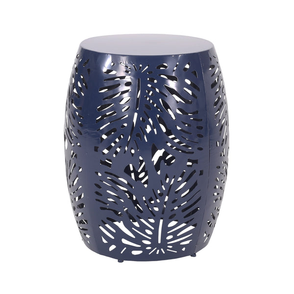 English Elm Metal Cylindrical Accent Table Powder Coated Iron with Tropical Palm Leaf Lattice Design Navy Blue 73613.00NBLU