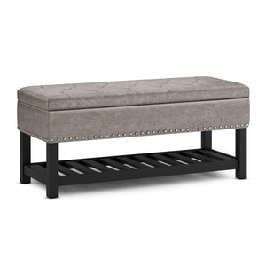 English Elm Lomond Storage Ottoman Bench - Distressed Grey Taupe With Tufting, Hidden Storage & Open Shelf B136P159125