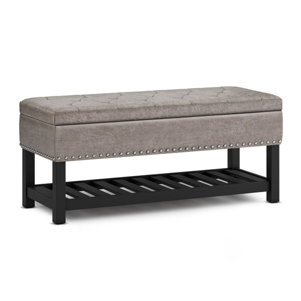 English Elm Lomond Storage Ottoman Bench - Distressed Grey Taupe With Tufting, Hidden Storage & Open Shelf B136P159125
