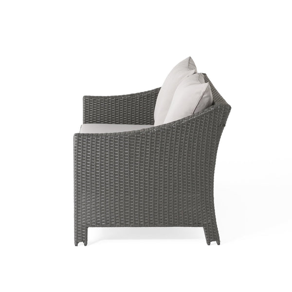 English Elm Christopher Knight Home® - ANTIBES RATTAN LOVESEAT SET WITH SIDE TABLE – Weatherproof PE Wicker, Iron Frame, Compact Patio Seating Grey 57088.00SETGRY