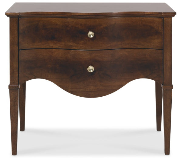 Hooker Furniture Archives Sculpted Two-Drawer Nightstand In Classic Walnut Veneer With Satin Brass Knobs, Timeless Elegance 6123-90116-89