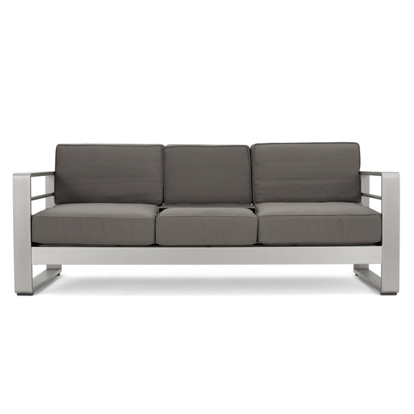 English Elm Christopher Knight Home® - CAPE modern 3-seater outdoor sofa with aluminum frame, convertible tray table, water-resistant cushions Gray 58981.00CUS