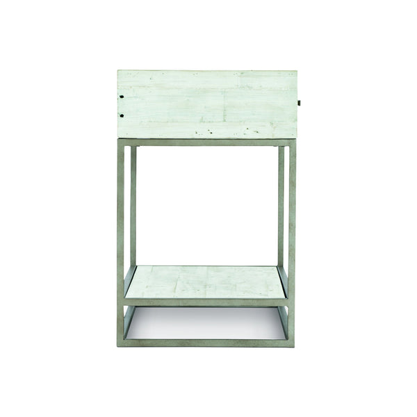 Bernhardt Bernhardt Alvar Nightstand Brushed White Finish With Distressed Pine, Glazed Silver Steel Base, Drawer 398218W
