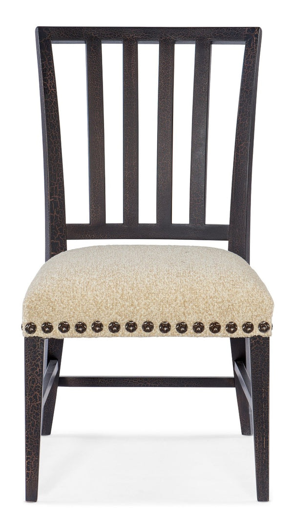 Hooker Furniture Big Sky Side Chair — Rustic Charred Timber Frame, Saxony Porcelain Performance Fabric, Nailhead Trim Elegance 6700-75410-98