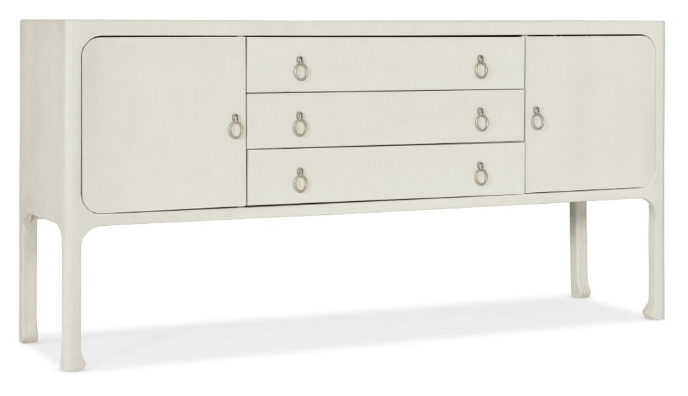 Hooker Furniture Serenity Sand Dollar Shore Server With Raffia Grasscloth Finish, Soft-Close Storage & Champagne Pulls 6350-75907-03