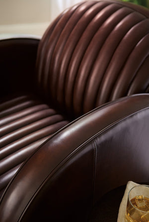 Hooker Furniture Banks Vortex Leather Chair With Channeled Cushioning, Rounded Track Arms & Dark Wood Sled Base, Luxe Art Deco Flair CC801-088