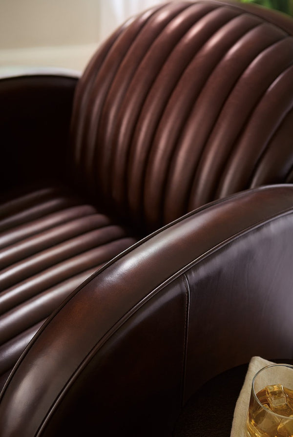 Hooker Furniture Banks Vortex Leather Chair With Channeled Cushioning, Rounded Track Arms & Dark Wood Sled Base, Luxe Art Deco Flair CC801-088