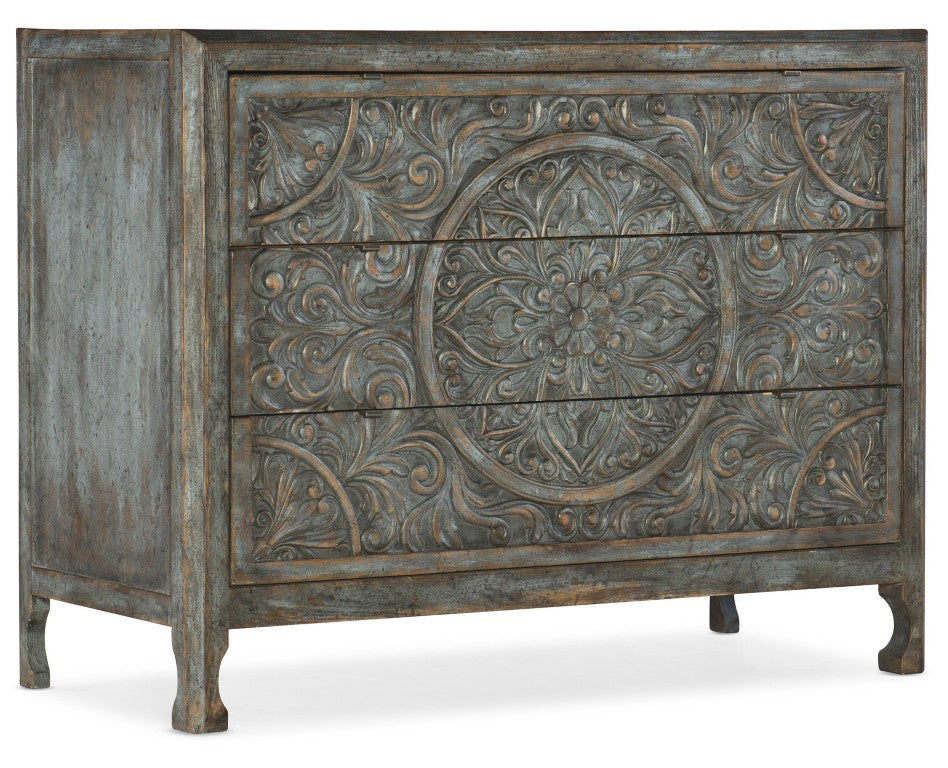 Hooker Furniture La Grange Lockhart Three-Drawer Chest In Blue Bonnet Finish — Pecky Hickory, Carved Vintage Charm, Storage 6960-50007-45