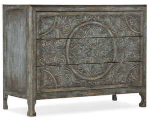 Hooker Furniture La Grange Lockhart Three-Drawer Chest In Blue Bonnet Finish — Pecky Hickory, Carved Vintage Charm, Storage 6960-50007-45