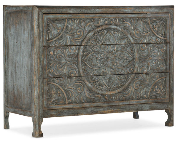 Hooker Furniture La Grange Lockhart Three-Drawer Chest In Blue Bonnet Finish — Pecky Hickory, Carved Vintage Charm, Storage 6960-50007-45
