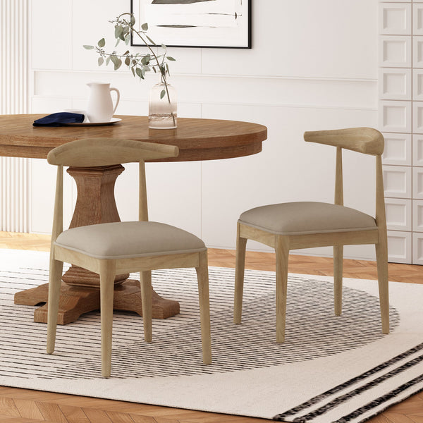 English Elm Dining Chair Set of Two Rubberwood Upholstered Seats Mid-century Modern Open Back Style Linen 74526.00PEBLN
