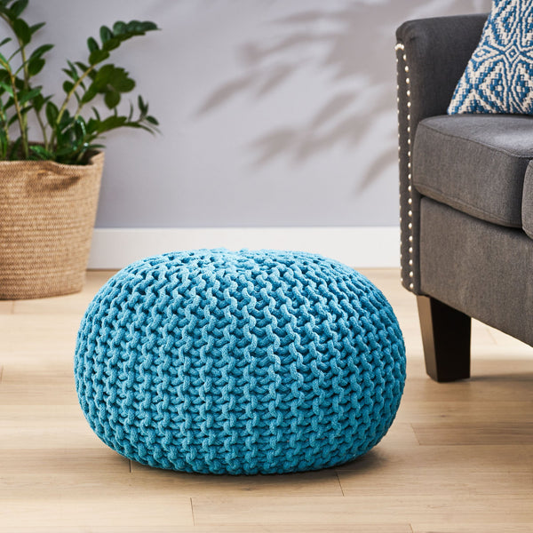 English Elm Christopher Knight Home® - MORO Aqua Pouf Knit Weave Cotton Accent Seat — Modern Round 20" x 14" No-Assembly Cozy Décor 60480.00