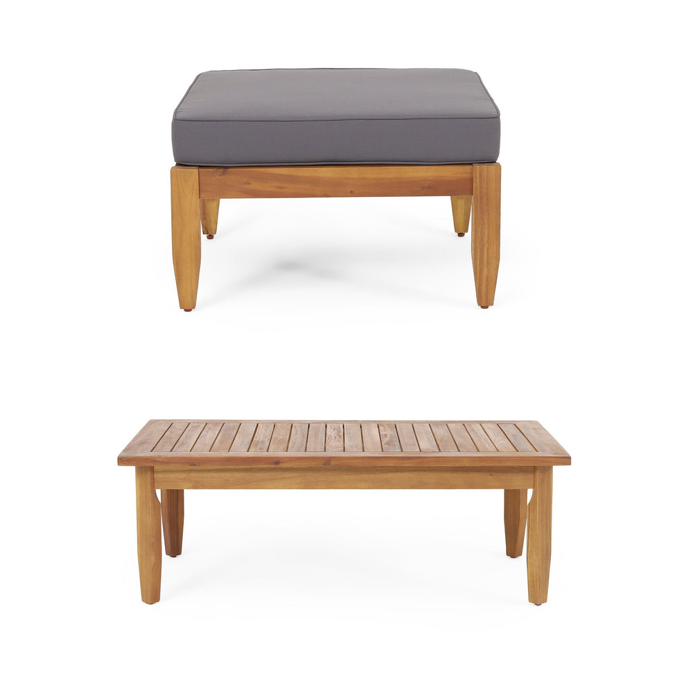 English Elm Christopher Knight Home® - Aston Teak Acacia Wood 3-Seater Outdoor Sofa Chat Set with Ottoman, Slat Design & Water-Resist Cushions 73001.00DGRY_74100.00DGRY