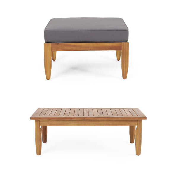 English Elm Christopher Knight Home® - Aston Teak Acacia Wood 3-Seater Outdoor Sofa Chat Set with Ottoman, Slat Design & Water-Resist Cushions 73001.00DGRY_74100.00DGRY