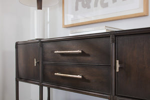 Hooker Furniture Retreat Pole Rattan Sideboard With Rope Accents, Dune Oak Veneer, Soft Pewter Hardware & Storage Dark Wood 6950-75917-99