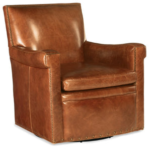 Hooker Furniture Jilian Swivel Club Chair In Caramel Aniline Leather With Plush Sink-In Cushion And Bronze Nailhead Trim Light Brown CC419-SW-085