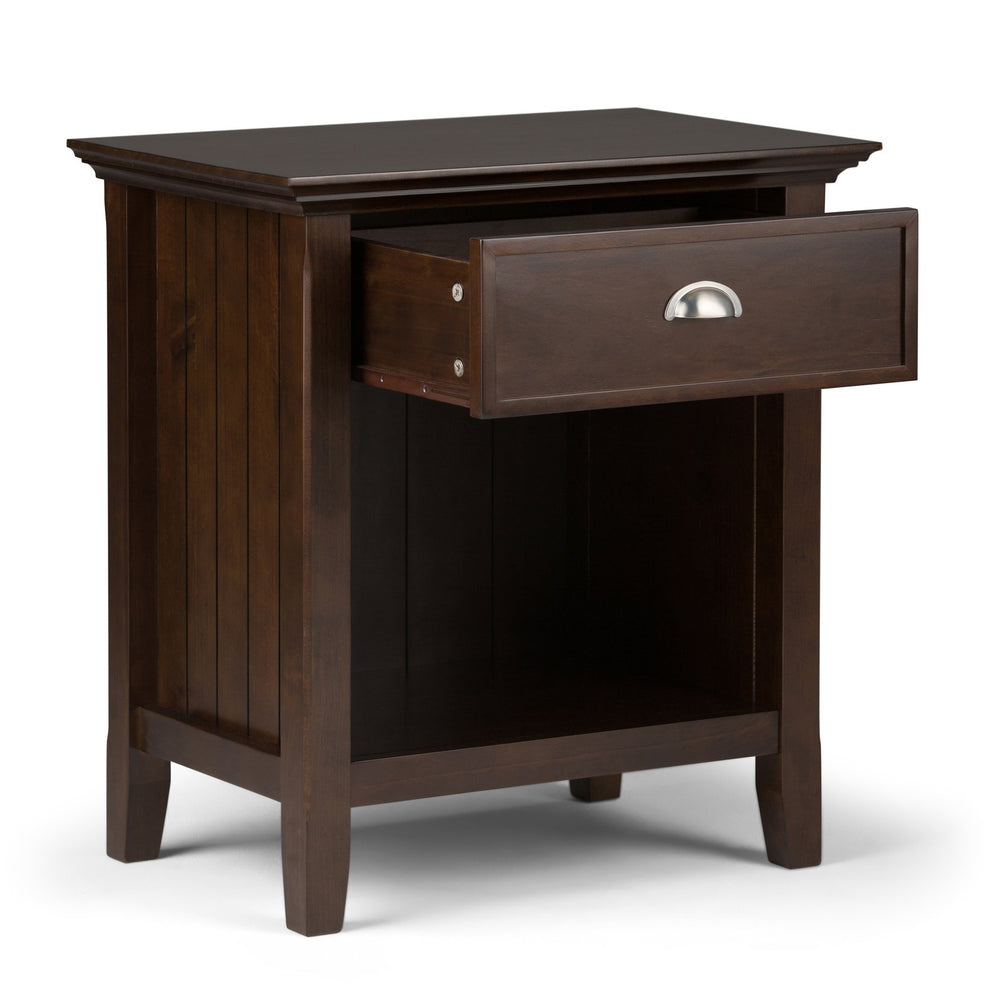 English Elm Acadian Handcrafted Bedside Table in Brunette Brown - Solid Wood, Drawer & Open Storage, Transitional Design B136P159417