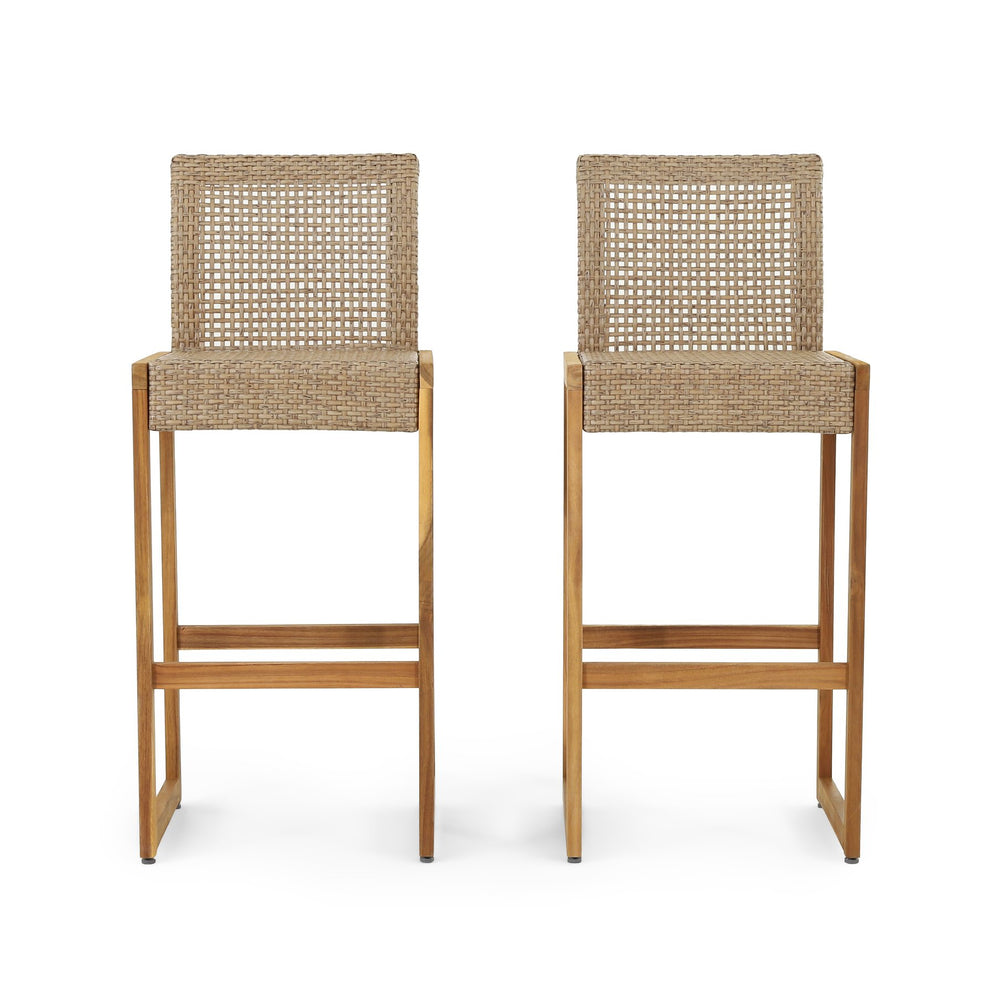 English Elm Christopher Knight Home® - ELON Outdoor Wicker Barstools Set of 2 – Acacia Wood Frame, Faux Rattan, Teak Finish, 400 lb Capacity 70422.00MLBRN