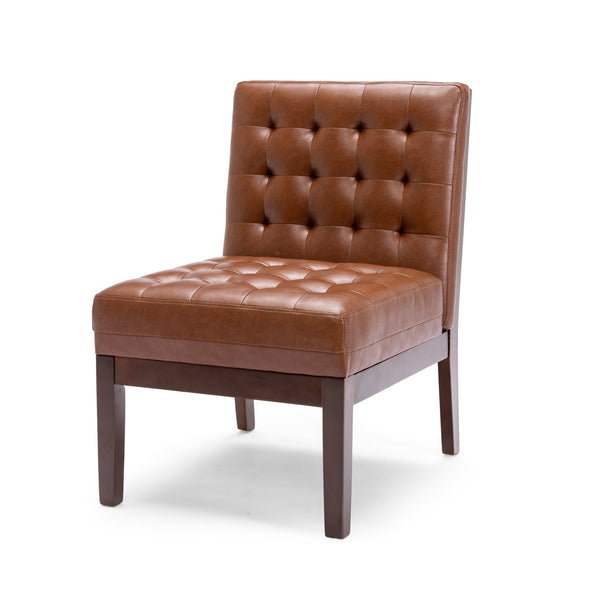 English Elm Christopher Knight Home® - Accent Chair Cognac Upholstered Tufted Waffle Stitch PU with Dark Espresso Rubberwood Legs, Cozy Midcentury SELLER 70753.00COGN