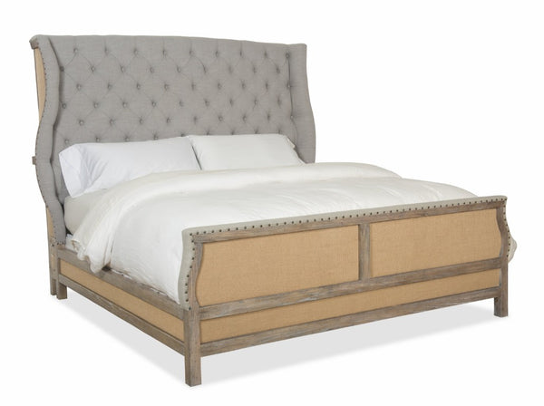 Hooker Furniture Boheme De-Constructed King Upholstered Bed With Button-Tufted Gray Linen Headboard, Burlap Trim, Antique Milk Finish 5750-90166-MWD