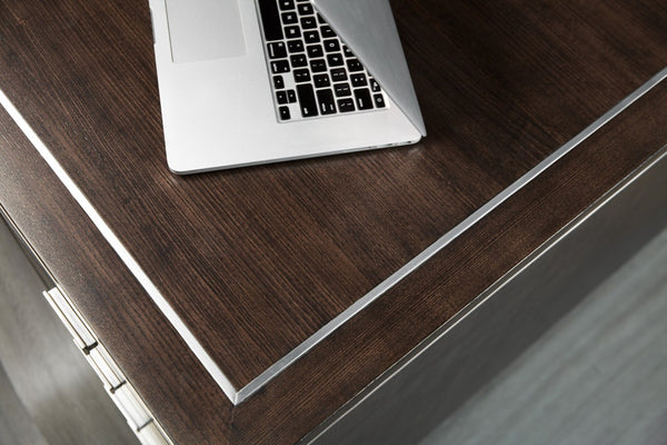 Hooker Furniture House Executive Desk With Dark Roast Ash Veneer, Seven Drawers, Locking File Storage, Metal Trim 36.00 L x 72.00W x 29.75H 5892-10562-85