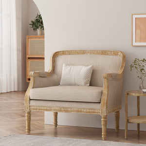 English Elm Christopher Knight Home® - CLUB Chair with French Country Carved Accents, Upholstered Comfort, Weathered Rubberwood Frame -Elegant beige brown 71064.00BGE