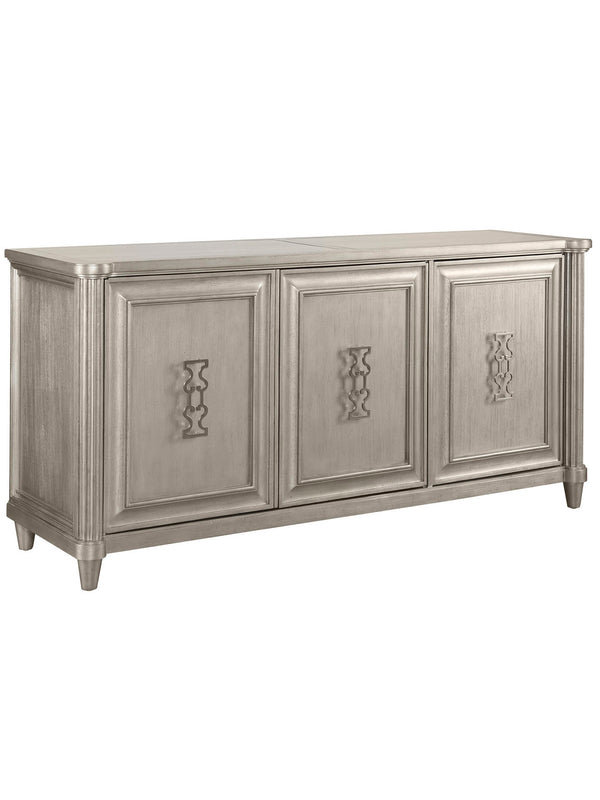 A.R.T. Furniture Morrissey Eccles Credenza - Transitional Elegance With Bezel Finish, Adjustable Shelves & Metal Hardware Silver, Silver Parawood Solids,Primavera Veneers,Travertine,Metal 218251-2727