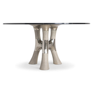 Bernhardt Dalton 60" Modern Faux Bois Dining Table With Glass Top And Stylish Hammered Metal Base Design Greige, Bronze Metal, Glass K2010