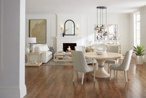 Hooker Furniture Nouveau Round Pedestal Dining Table With Sunburst Veneer, Sandstone Oak Finish & Silver Collar (60") 6500-75203-80