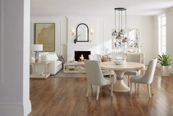 Hooker Furniture Nouveau Round Pedestal Dining Table With Sunburst Veneer, Sandstone Oak Finish & Silver Collar (60") 6500-75203-80