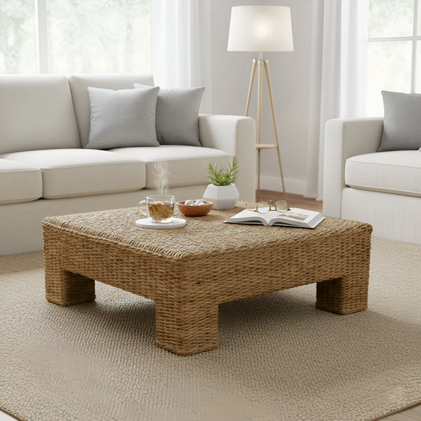 Alpine Furniture Makai Handwoven Banana Twist Fiber Square Coffee Table for Coastal Bohemian Living Rooms FA-03