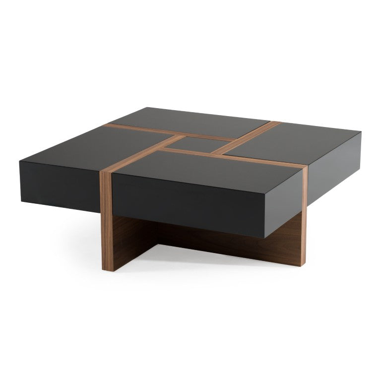 VIG Furniture Makai Modern Square Coffee Table With Hidden Puzzle Top & 4 Soft-Close Drawers, Black/Walnut Finish VGBBLE624E-BLK