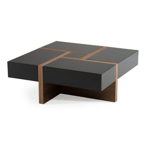 VIG Furniture Makai Modern Square Coffee Table With Hidden Puzzle Top & 4 Soft-Close Drawers, Black/Walnut Finish VGBBLE624E-BLK