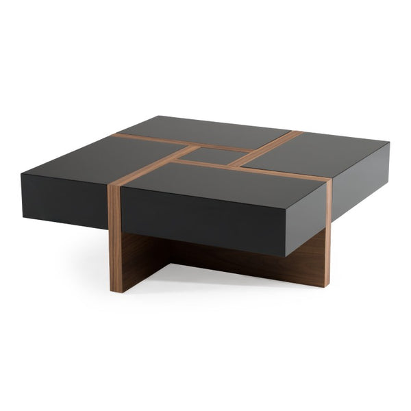 VIG Furniture Makai Modern Square Coffee Table With Hidden Puzzle Top & 4 Soft-Close Drawers, Black/Walnut Finish VGBBLE624E-BLK