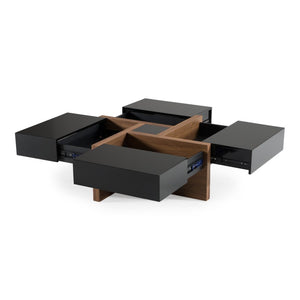 VIG Furniture Makai Modern Square Coffee Table With Hidden Puzzle Top & 4 Soft-Close Drawers, Black/Walnut Finish VGBBLE624E-BLK