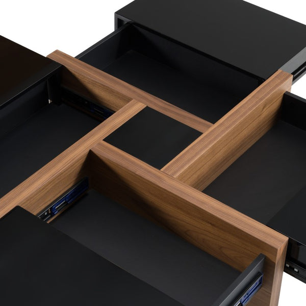 VIG Furniture Makai Modern Square Coffee Table With Hidden Puzzle Top & 4 Soft-Close Drawers, Black/Walnut Finish VGBBLE624E-BLK