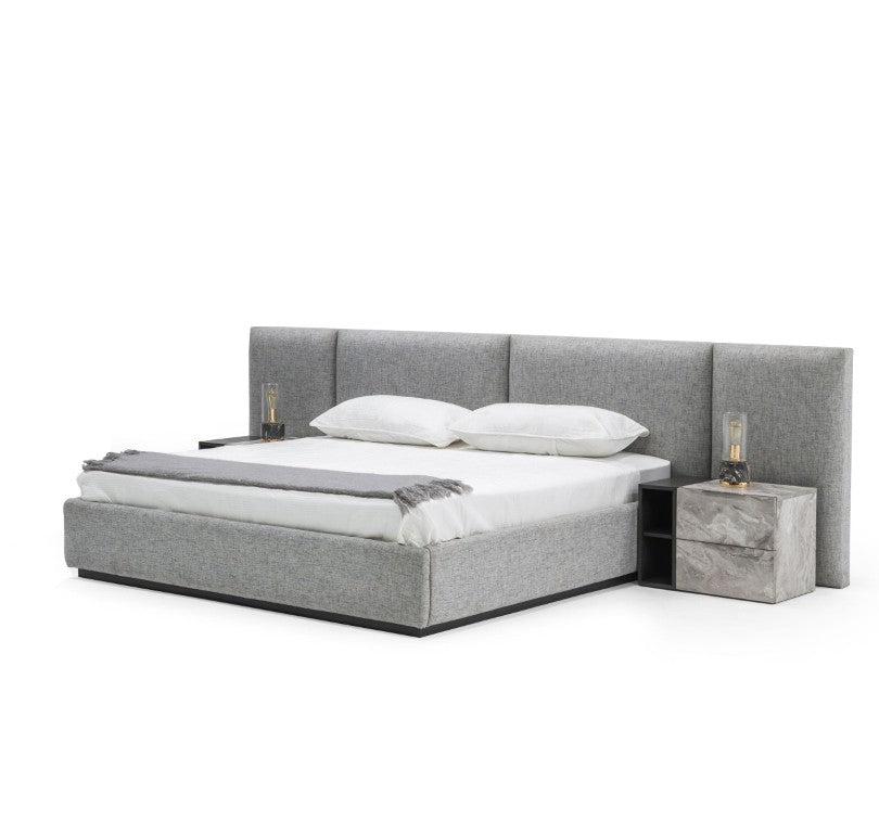 VIG Furniture Queen Nova Domus Maranello Grey Fabric Bed Set With Two Nightstands — Modern Upholstered Comfort & Storage VGMABR-121-GRY-BED-Q