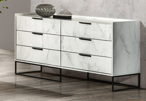 VIG Furniture Marbella Italian 6-Drawer Dresser In White Faux Marble Veneer With Matte Black Hardware, Modern Crafted Elegance VGACMARBELLA-DRS