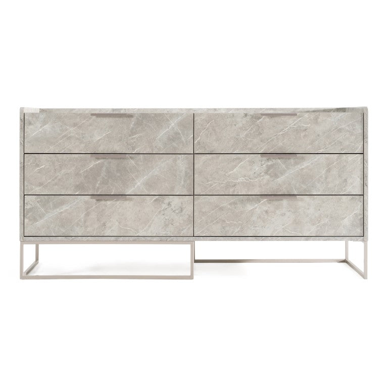 VIG Furniture Marbella Italian Modern Grey Marble Dresser With 6 Soft-Close Drawers, Champagne Steel Legs, 61" VGACMARBELLA-GRY-DRS
